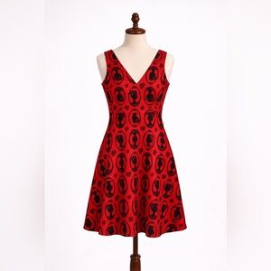 Jawbreaker Goth Cameo Print Fit & Flare Dress Red Black Alt Pin Up Size L NWT